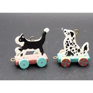 Vintage Hallmark Miniature Ornaments Pull Toy Cat & Dalmatian Dog Lot 1980s 1"